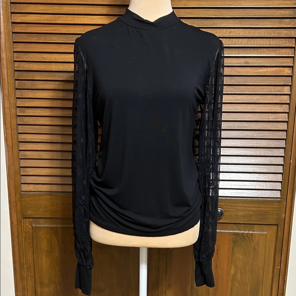 Sweetwear Society Lightweight Black Top with Sheer Dotted Long Sleeves Size XL